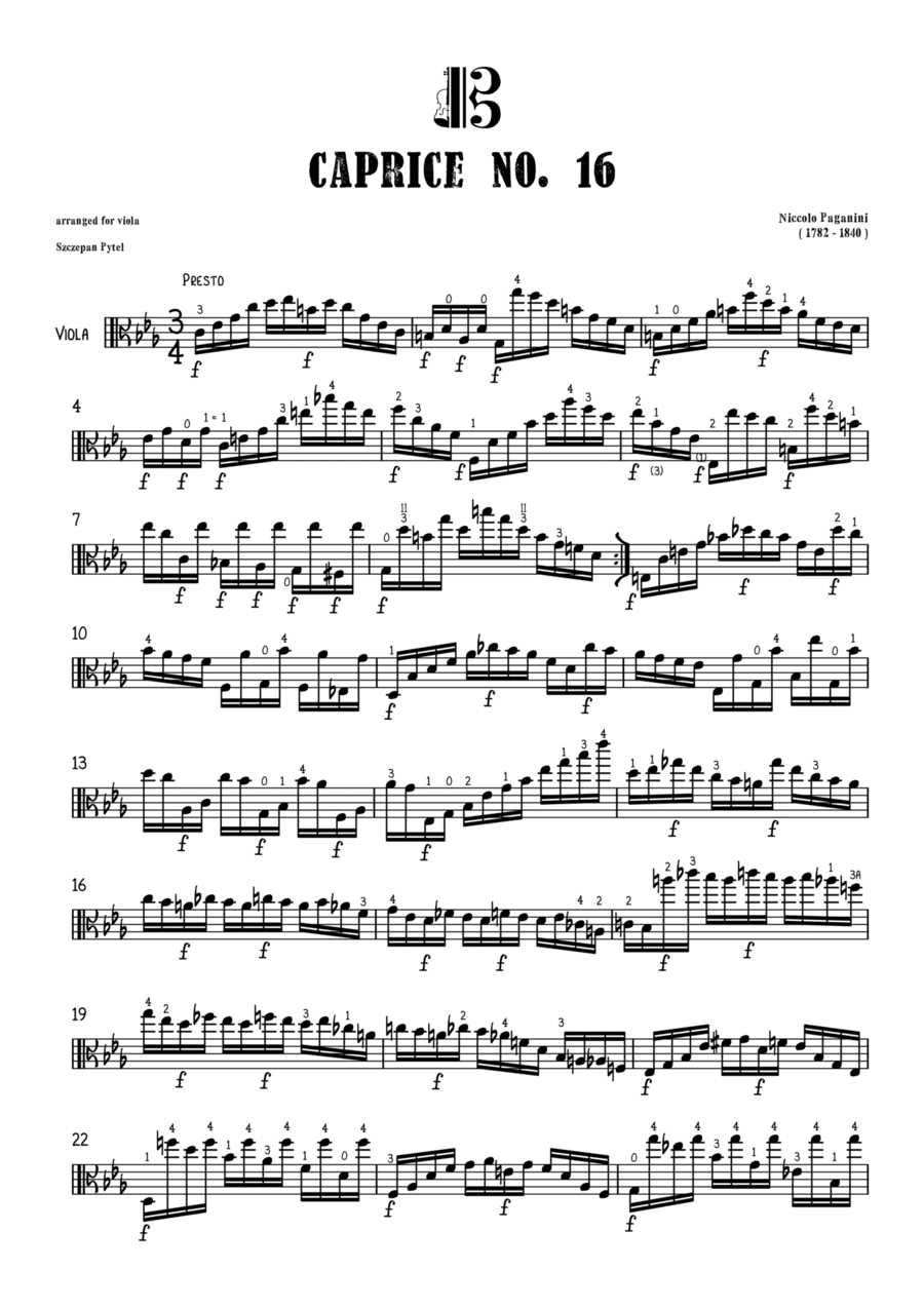 Niccolò Paganini Caprice No. 16 arranged for viola by Szczepan Pytel Viola Solo scores gallery preview page 1