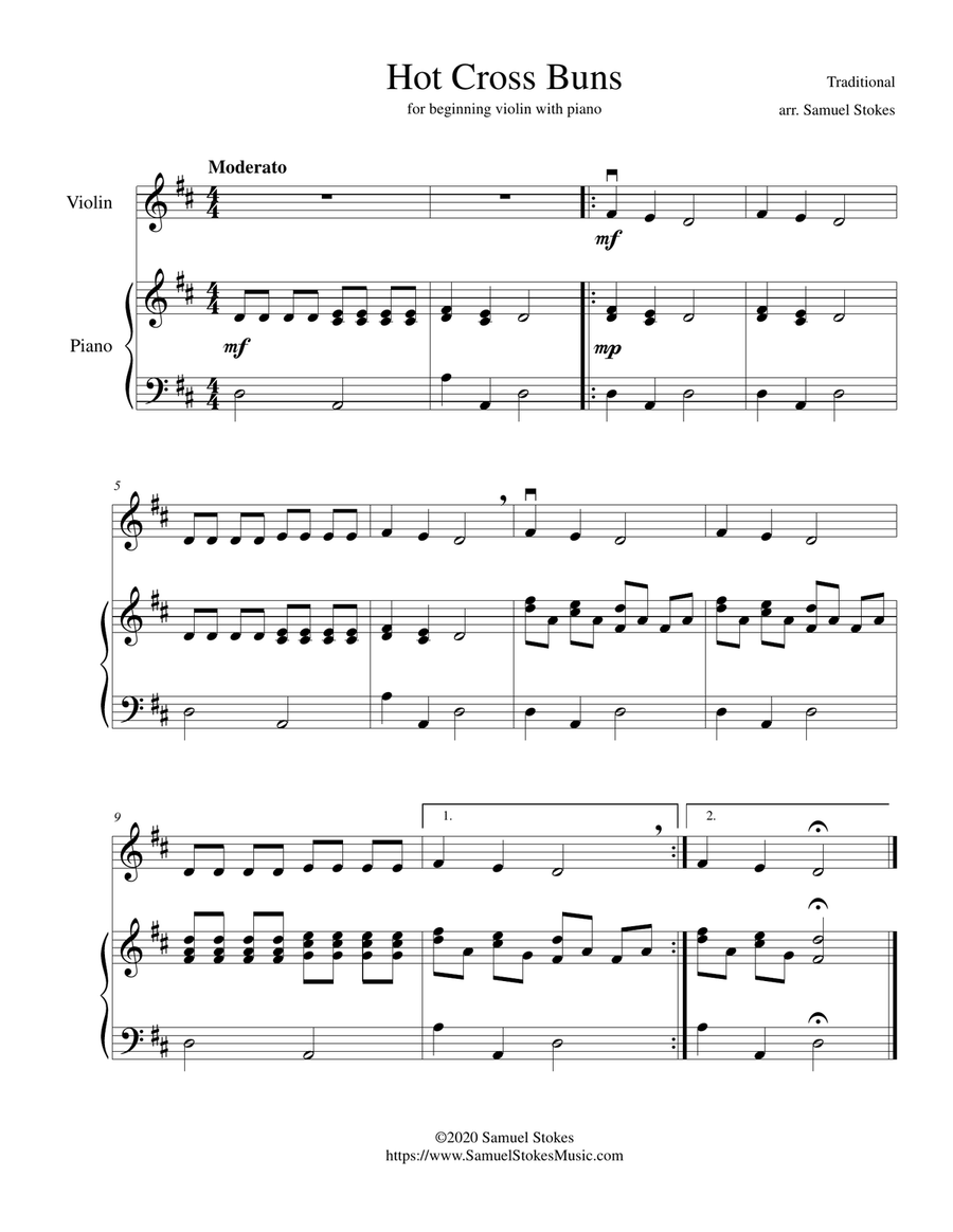 Hot Cross Buns - for beginning violin with optional piano accompaniment Violin Solo scores gallery preview page 1
