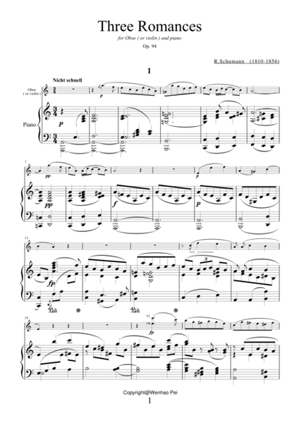 Three Romances Op.94 by Robert Schumann for oboe (or violin) and piano