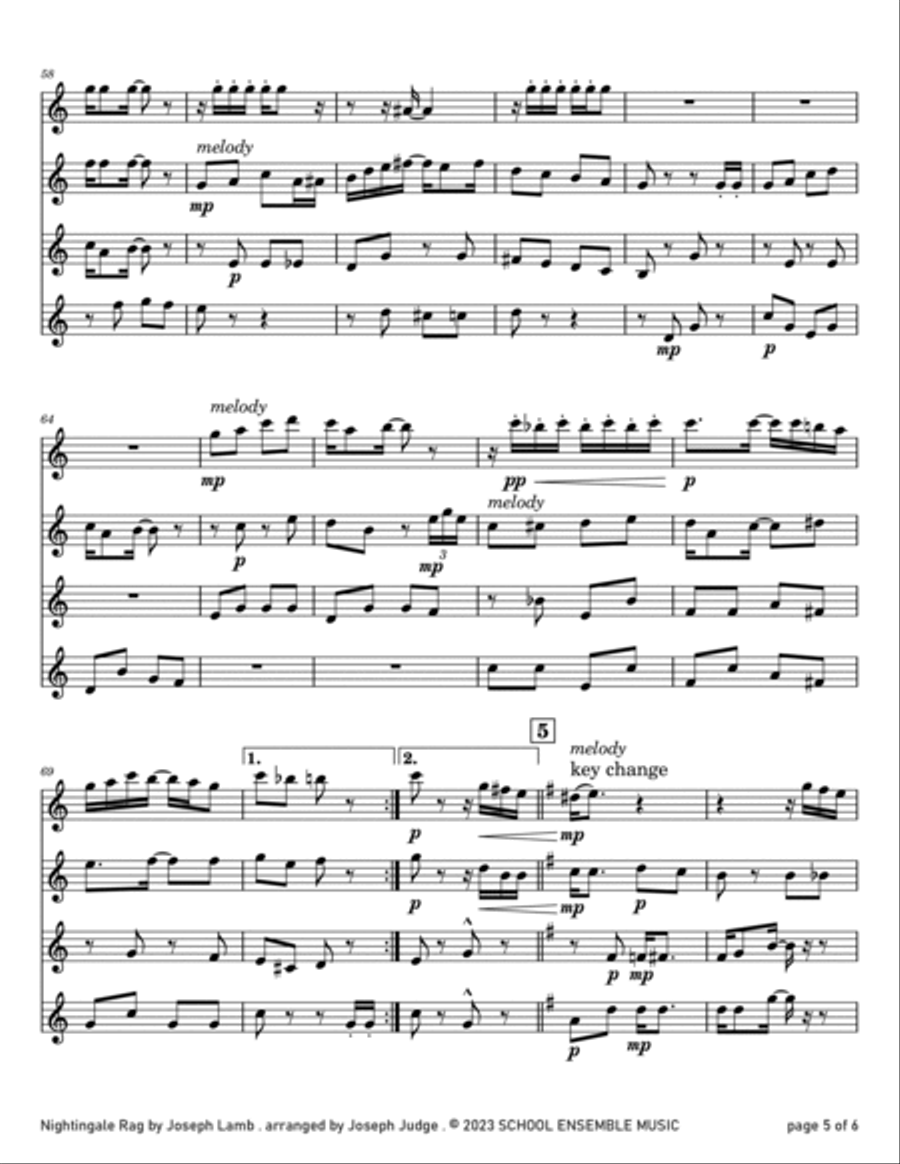 Nightingale Rag by Joseph Lamb for Clarinet Quartet in Schools Clarinet Quartet scores gallery preview page 5