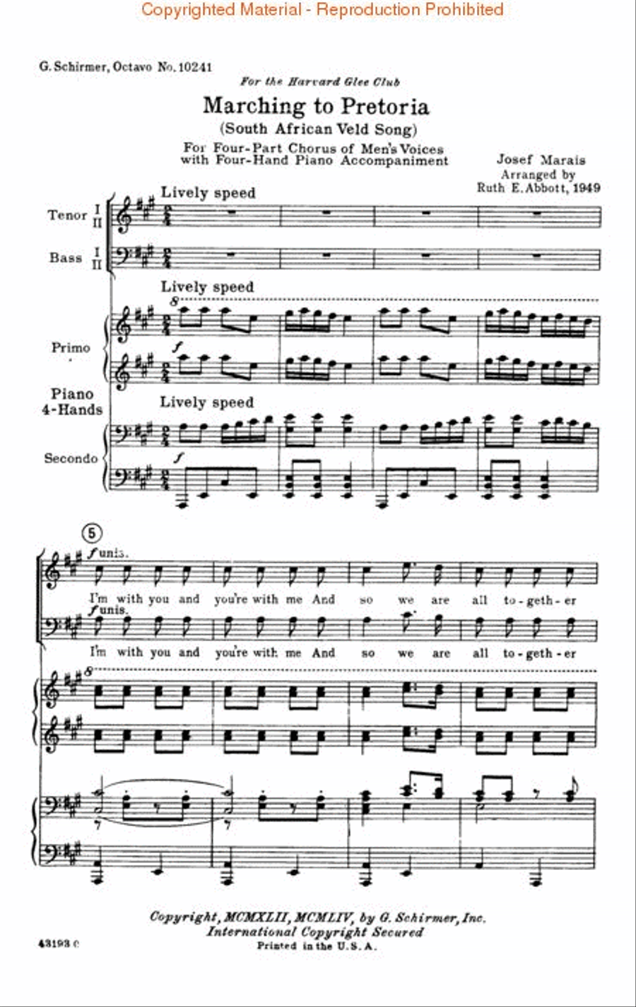 Marching To Pretoria (South African Veld Song) 4 Hand Piano Accompaniment TTBB scores gallery preview page 2