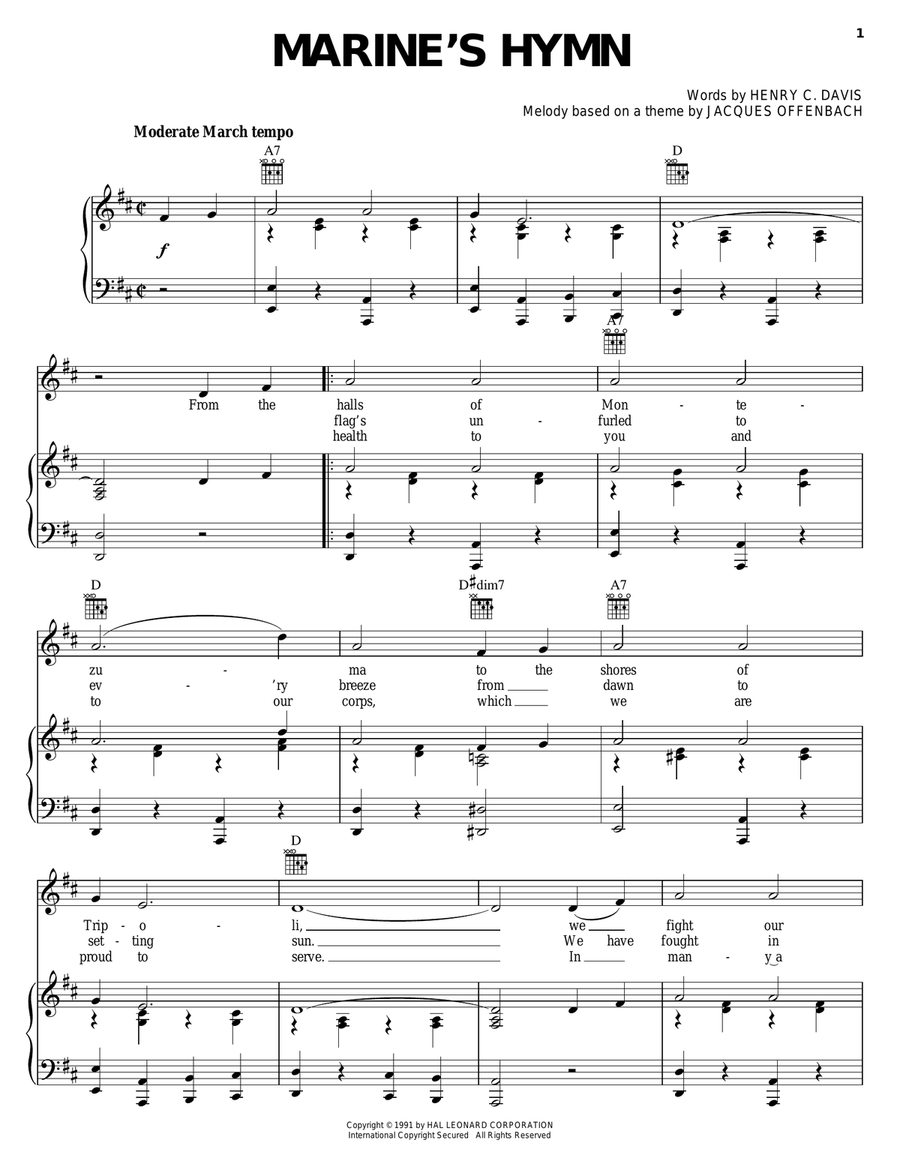 Marine's Hymn Marine's Hymn Piano, Vocal, Guitar scores gallery preview page 1