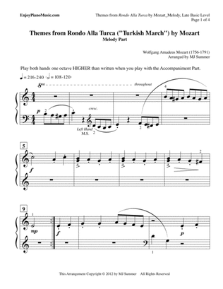 Rondo Alla Turca ("Turkish March") Piano Duet for Equal Part--Easy Piano--Melody is Distributed Acro