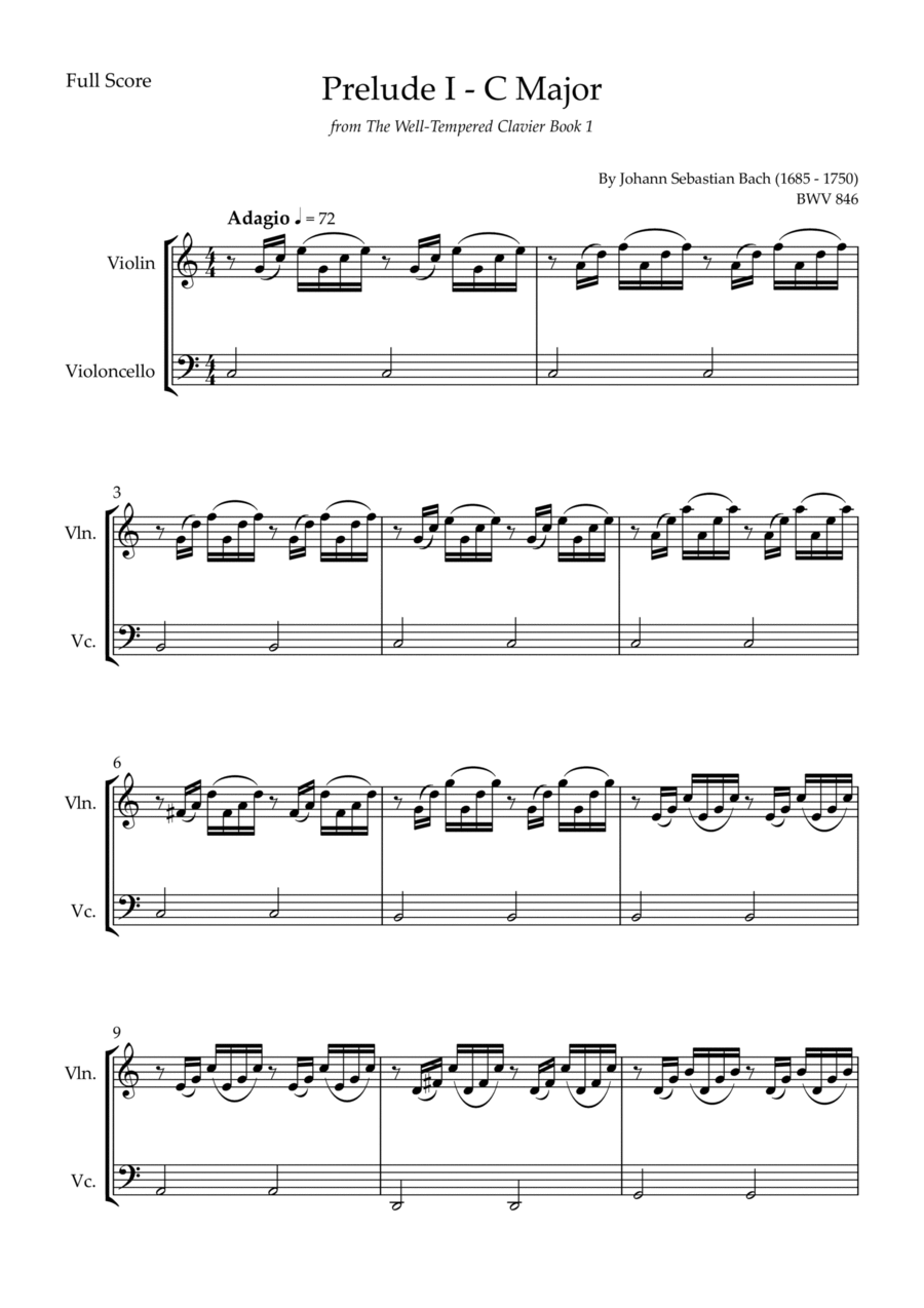 Prelude 1 in C Major BWV 846 (from Well-Tempered Clavier Book 1) for Violin & Cello Duo String Duet scores gallery preview page 1