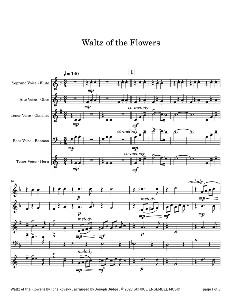 Waltz Of The Flowers by Tchaikovsky for Woodwind Quartet in Schools Woodwind Quartet scores gallery preview page 1