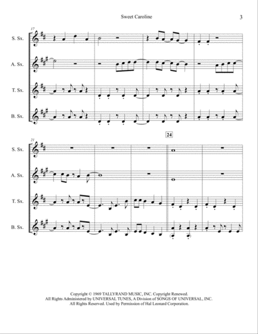 Sweet Caroline Woodwind Quartet scores gallery preview page 4