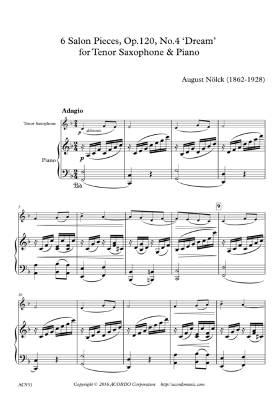 6 Salon Pieces, Op.120, No.4 ‘Dream’ for Tenor Saxophone & Piano Tenor Saxophone scores gallery preview page 1