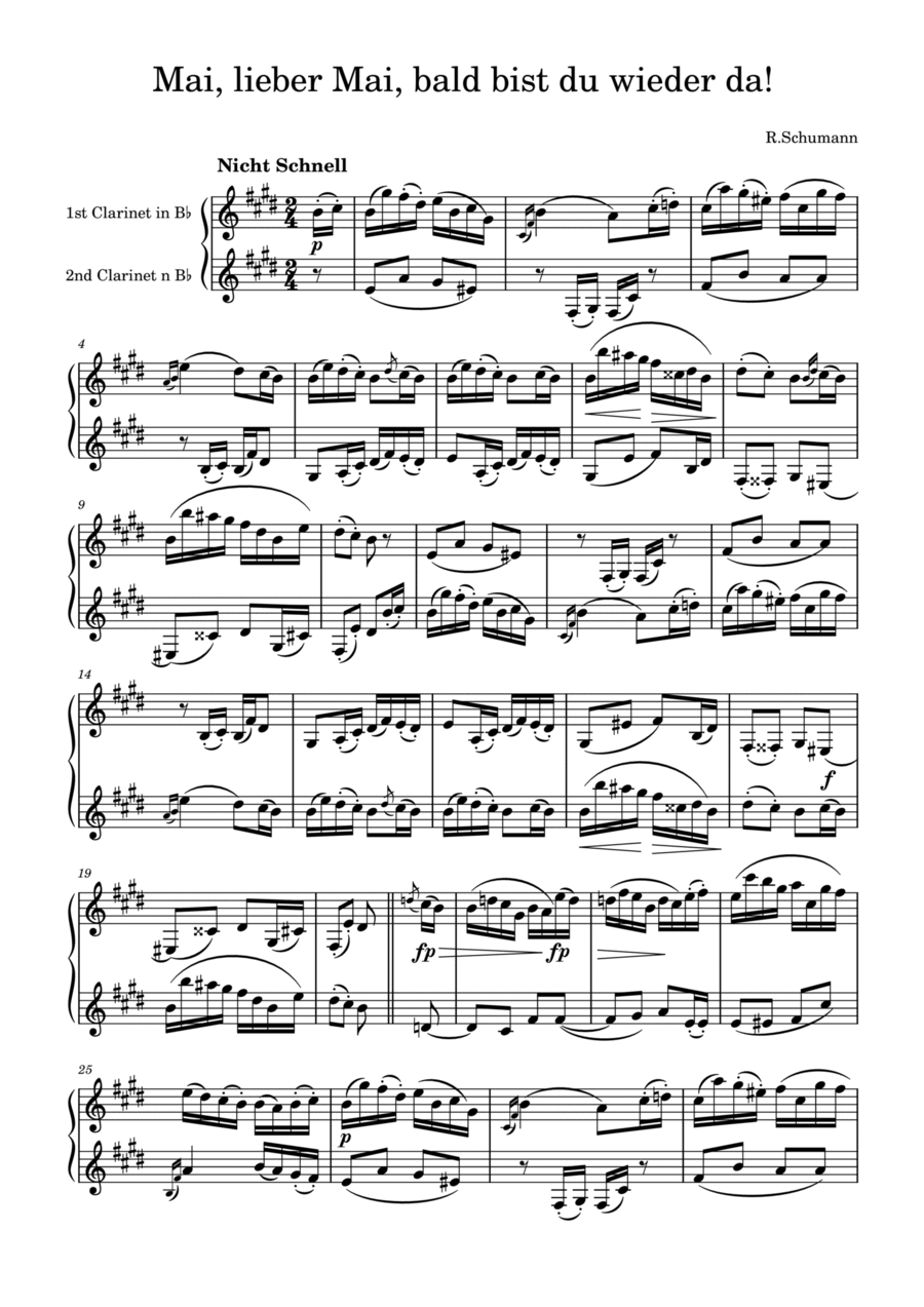R.Schumann: Mai, lieber Mai, bald bist du wieder da! for two clarinet Clarinet Duet scores gallery preview page 1