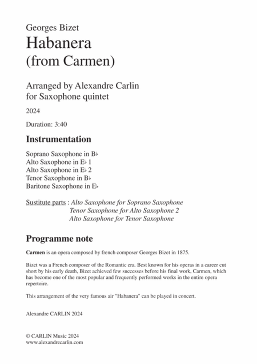 Habanera (from Carmen) by Georges Bizet - Arranged for Saxophone Quintet or Ensemble image number null