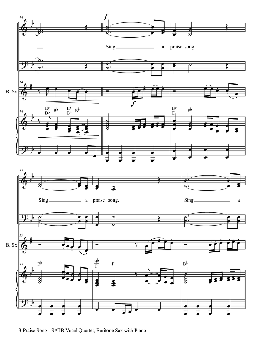 PRAISE SONG (SATB Vocal Quartet with Baritone Sax & Piano) Choir scores gallery preview page 4