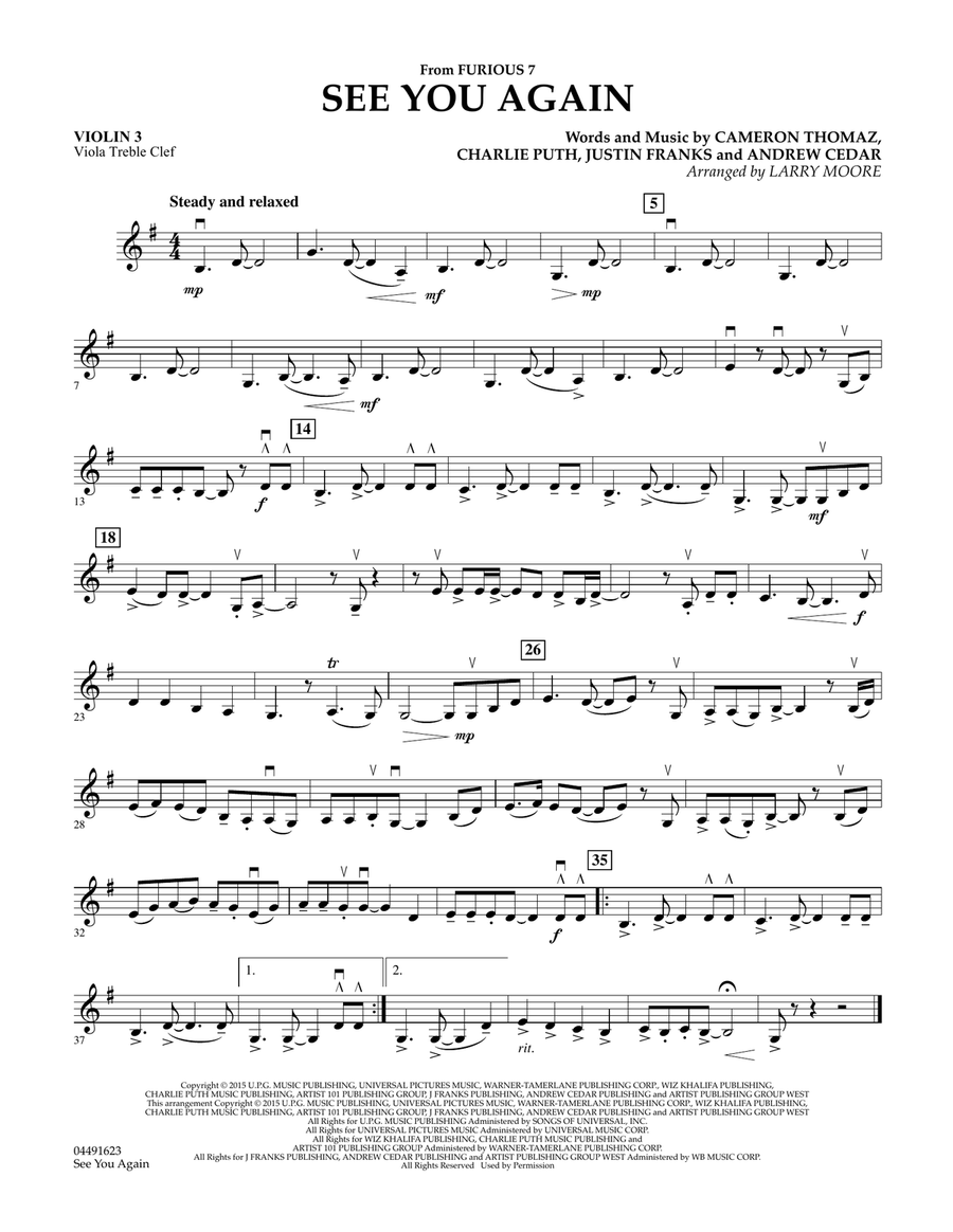 See You Again - Violin 3 (Viola Treble Clef) Orchestra scores gallery preview page 1