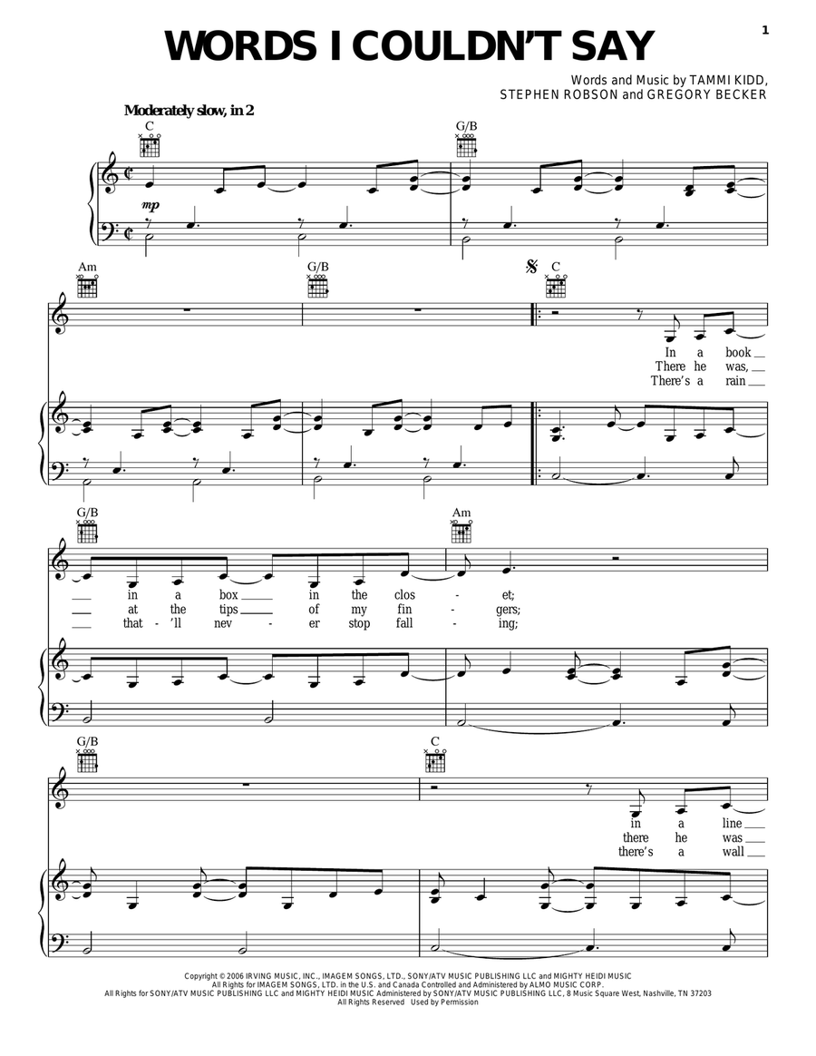 Words I Couldn't Say Words I Couldn't Say Piano, Vocal, Guitar scores gallery preview page 1