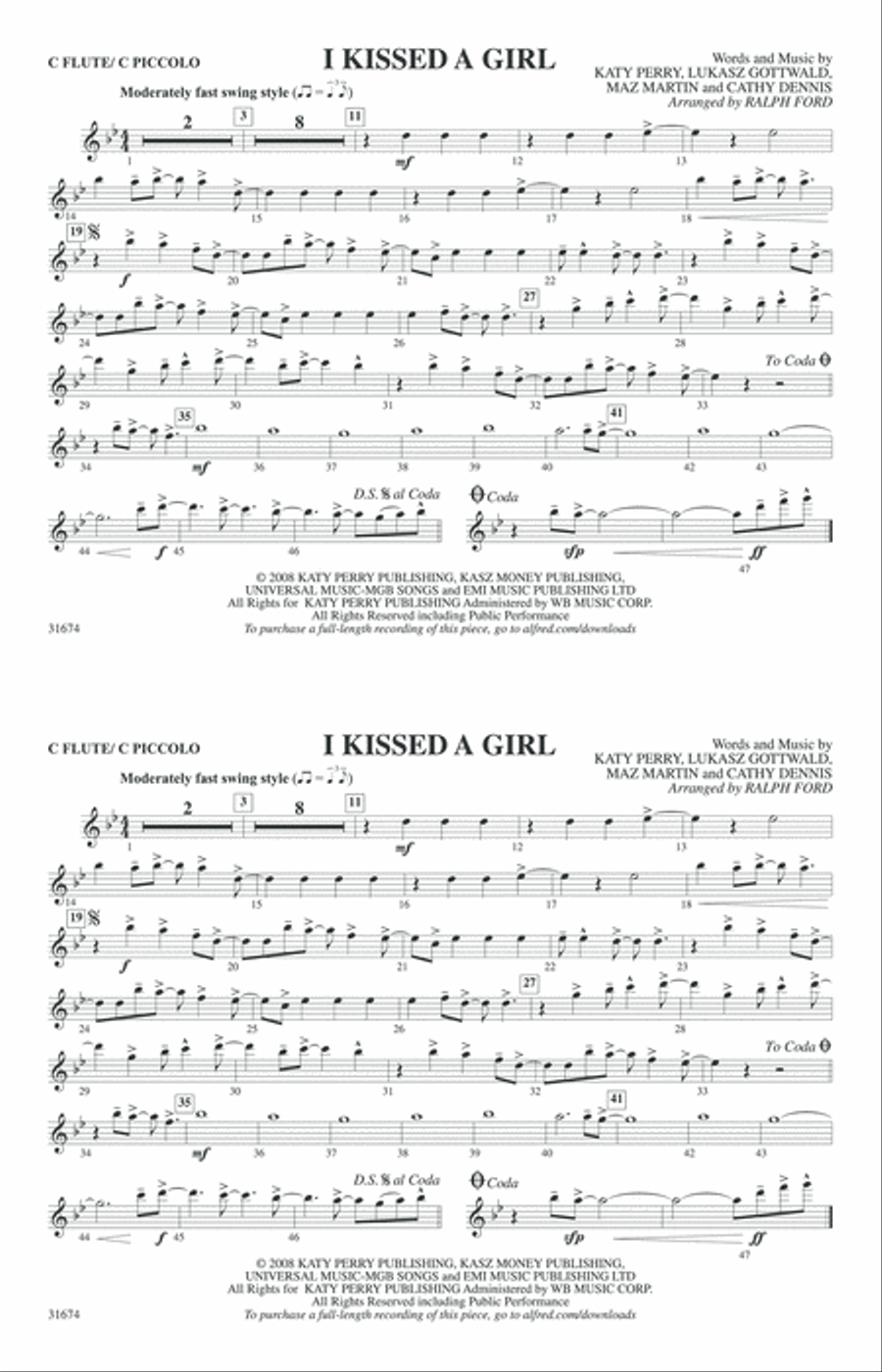 I Kissed a Girl: Flute I Kissed a Girl: Flute Marching Band scores gallery preview page 1