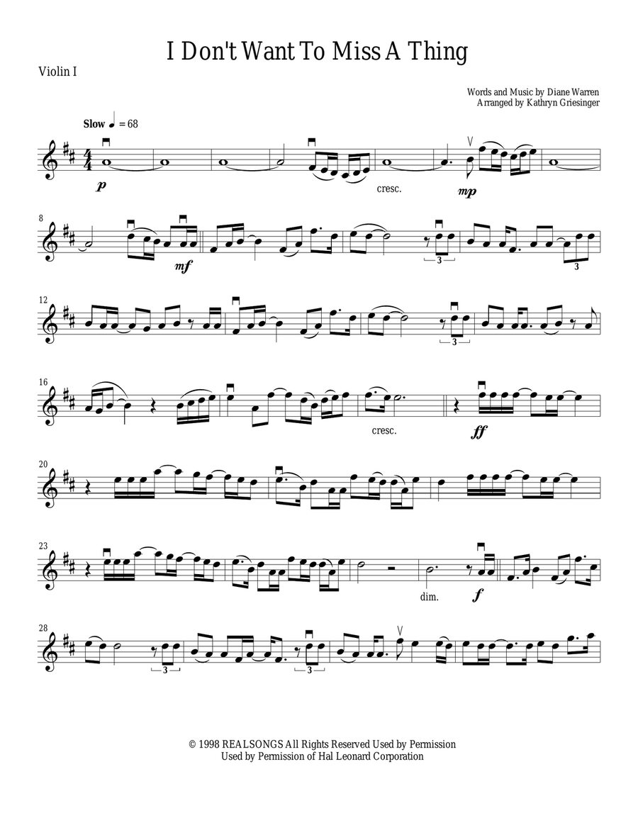 I Don't Want To Miss A Thing String Quartet scores gallery preview page 1