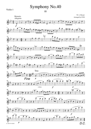 Mozart Menuetto (Symphony No.40, 3rd mvt.), for string quartet, CM009
