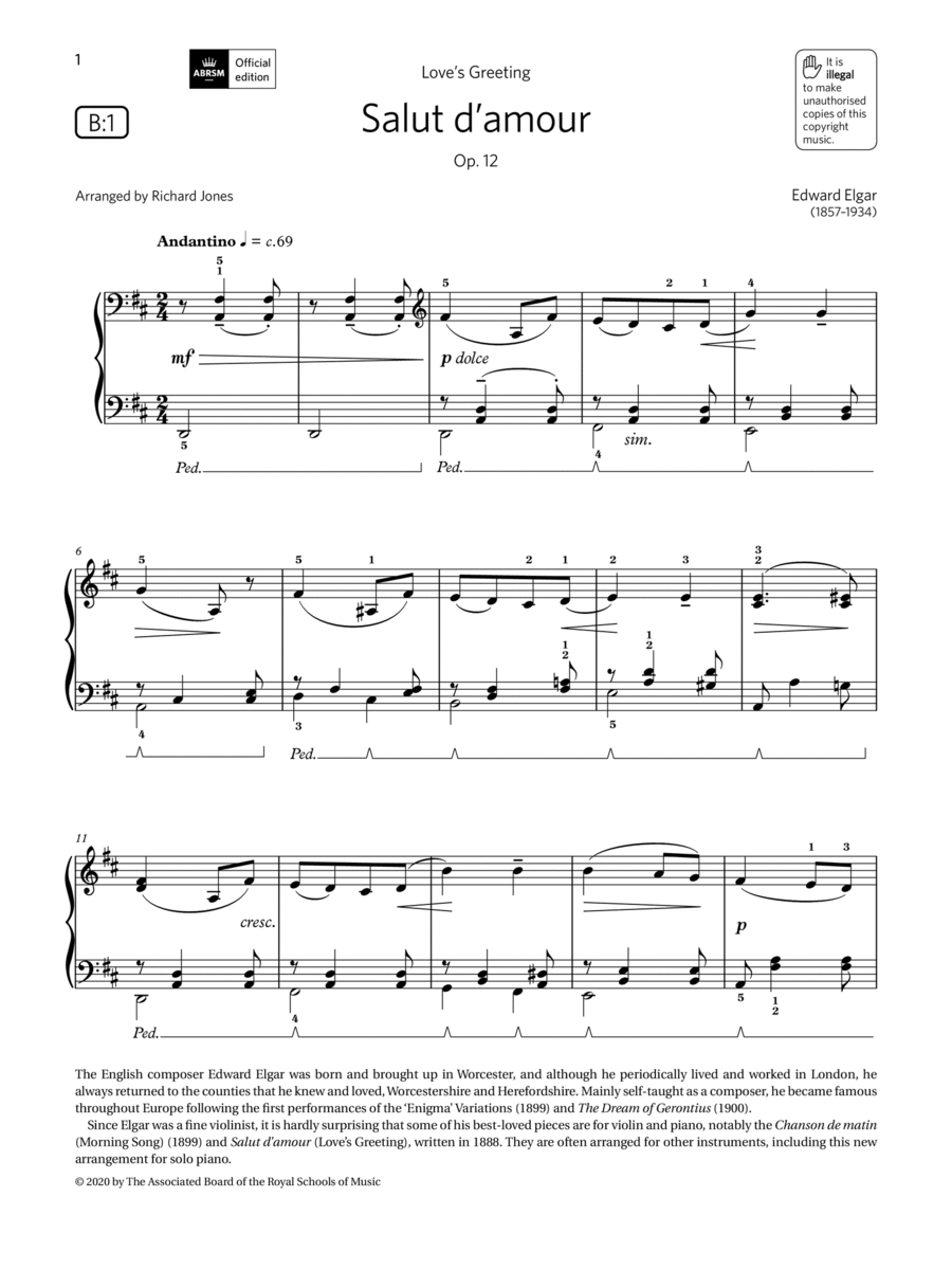 Salut d'amour (Grade 3, list B1, from the ABRSM Piano Syllabus 2021 & 2022) Piano Method scores gallery preview page 1