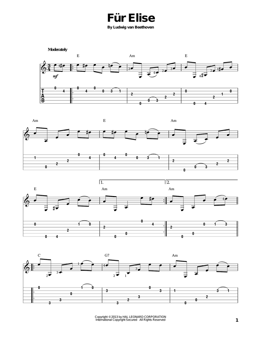 Fur Elise Acoustic Guitar scores gallery preview page 1