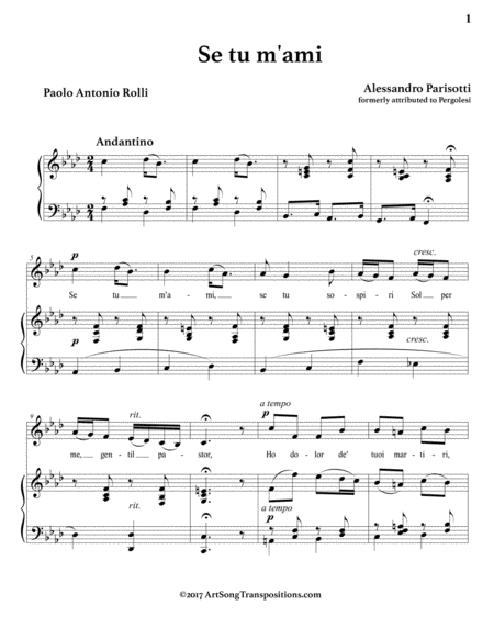 PARISOTTI: Se tu m'ami (transposed to F minor)