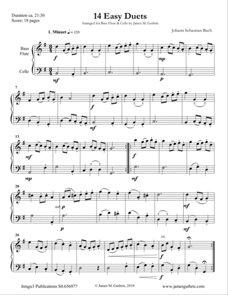 Bach: 14 Easy Duets for Bass Flute & Cello Flute scores gallery preview page 1