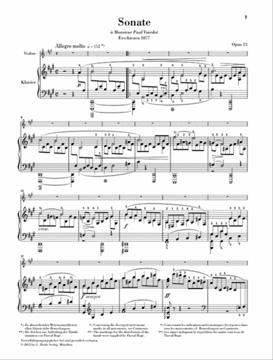 Sonata No. 1 in A Major, Op. 13 for Violin and Piano