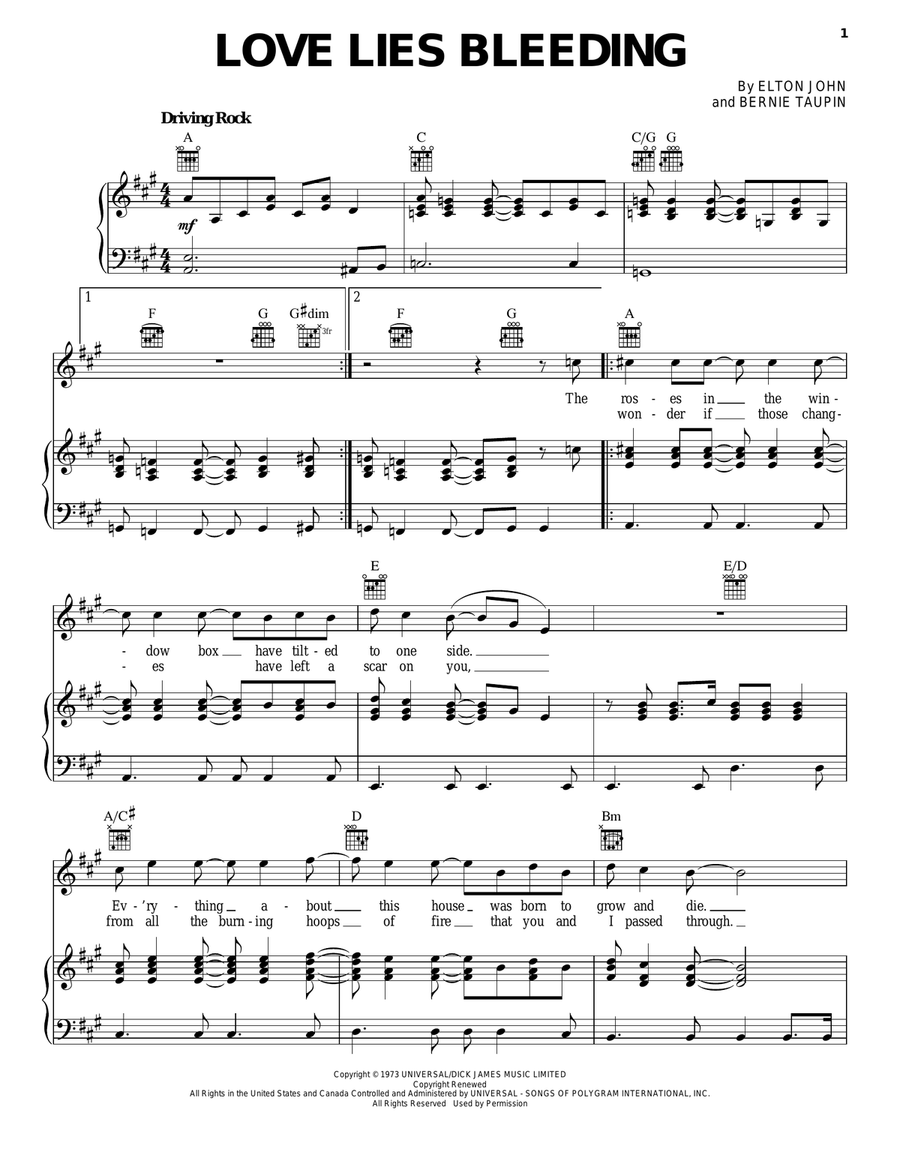 Love Lies Bleeding Piano, Vocal, Guitar scores gallery preview page 1