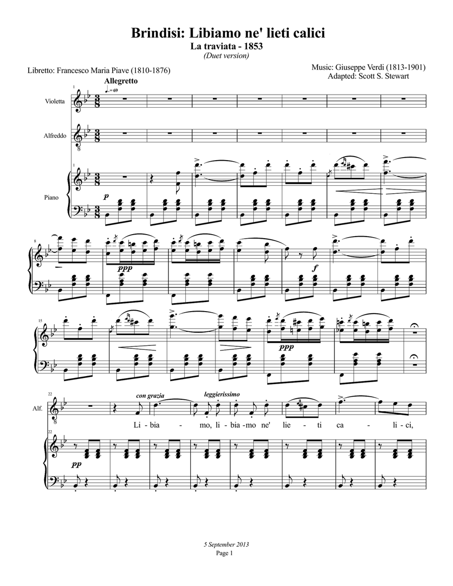 Libiamo ne' lieti calici, Brindisi, soprano/tenor duet - La traviata