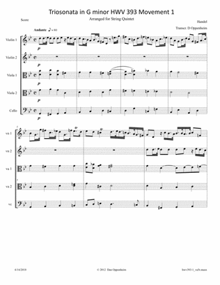 Handel: Triosonata in G minor HWV 393 Movement 1 Arranged for 2-Viola Quintet