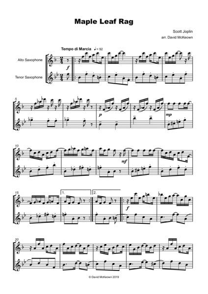 Maple Leaf Rag, by Scott Joplin, Alto and Tenor Saxophone Duet