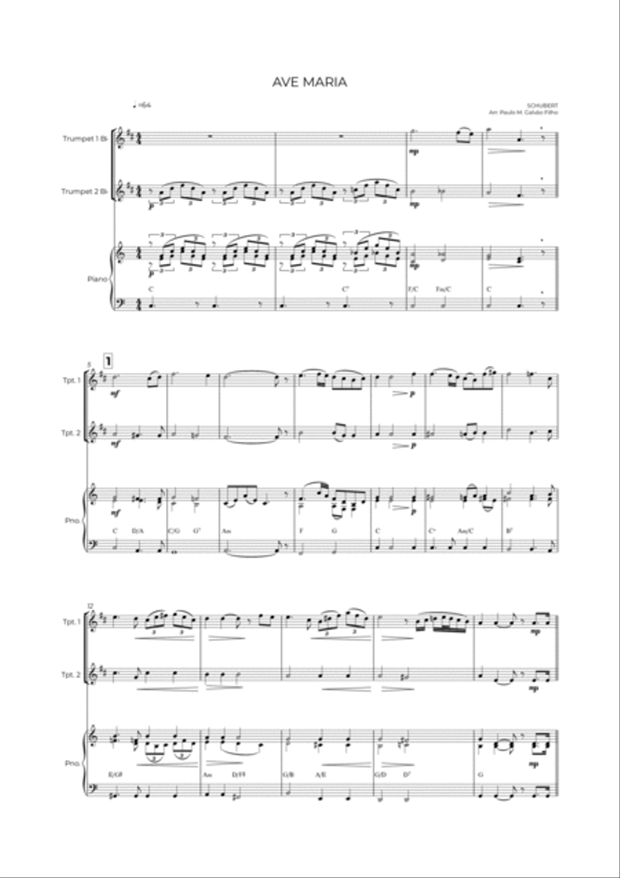 AVE MARIA - SCHUBERT - BRASS PIANO TRIO (TRUMPET 1, TRUMPET 2 & PIANO) Trumpet Trio scores gallery preview page 2