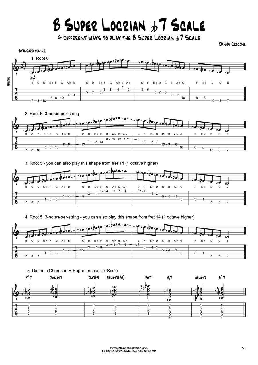 B Super Locrian bb7 Scale (4 Ways to Play) Electric Guitar scores gallery preview page 1