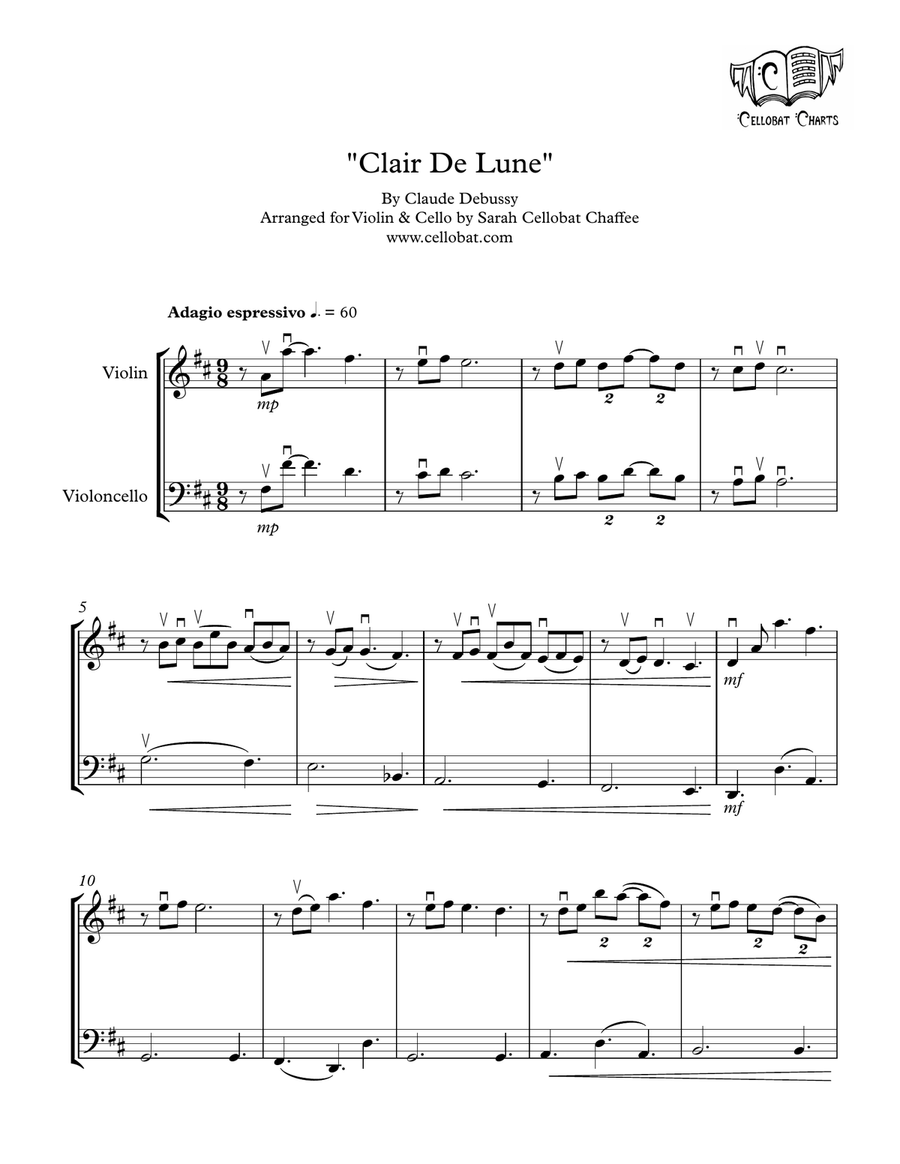 Clair De Lune - Violin & Cello Duet - Claude Debussy arr. Cellobat String Duet scores gallery preview page 1