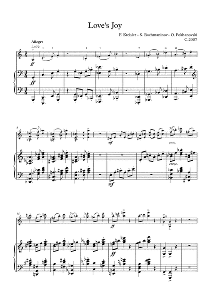 Kreisler-Rachmaninov-Pokhanovski Love's Joy arranged for violin and piano image number null