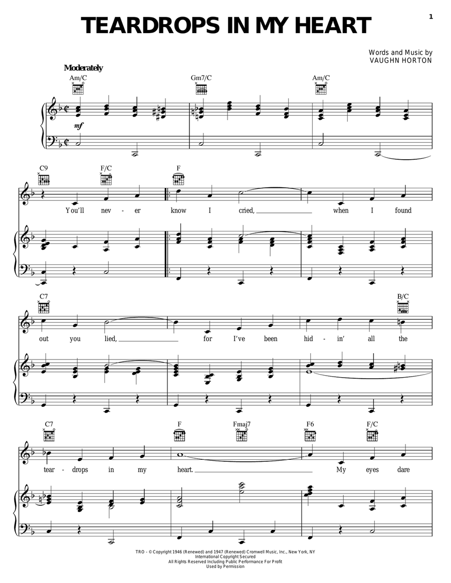 Teardrops In My Heart Piano, Vocal, Guitar scores gallery preview page 1