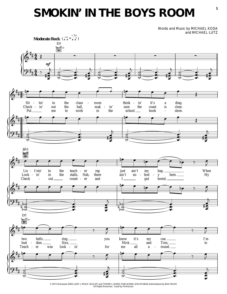 Smokin' In The Boys Room Piano, Vocal, Guitar scores gallery preview page 1