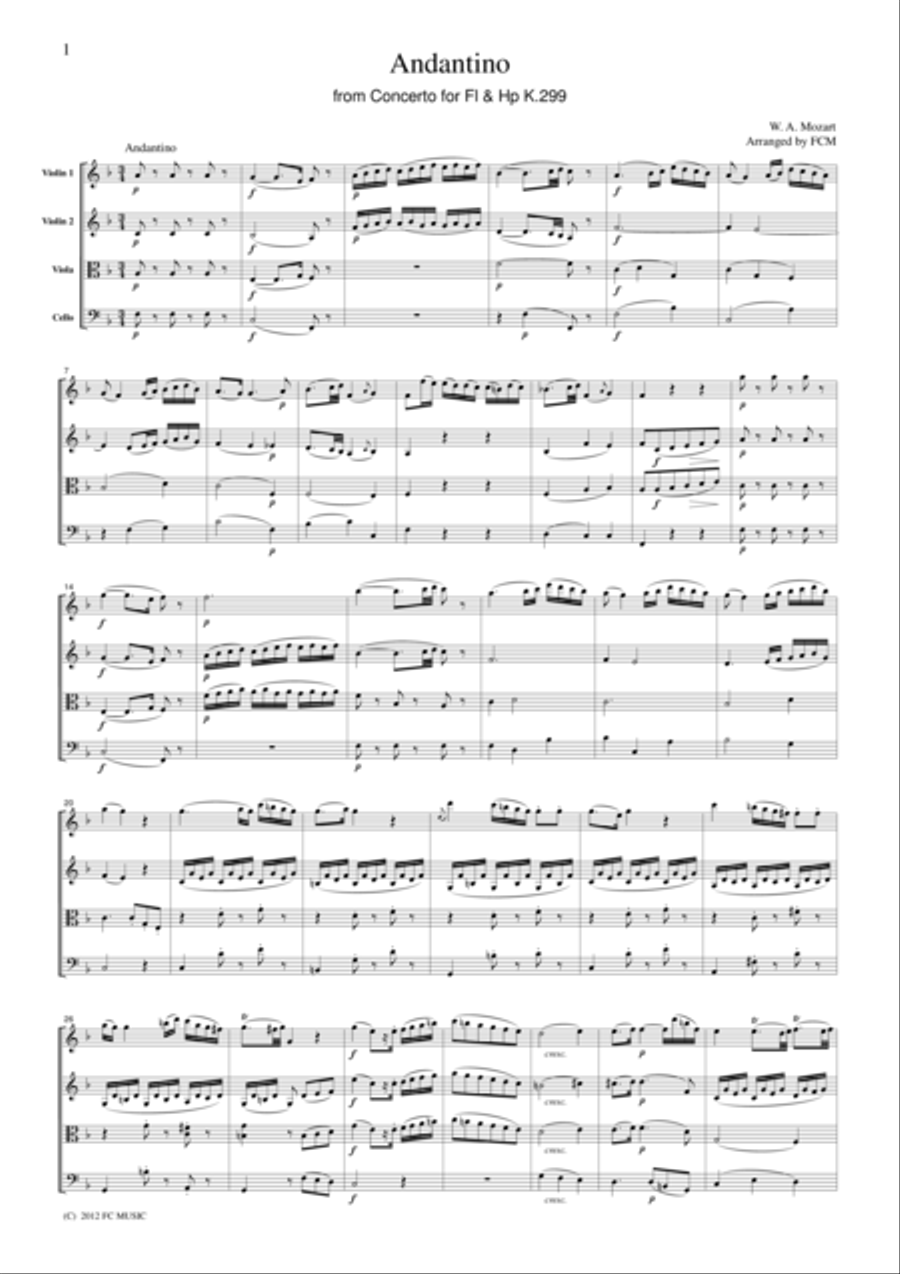 Mozart Andantino from Concrto for Fl & Hp K.299, for string quartet, CM027 image number null