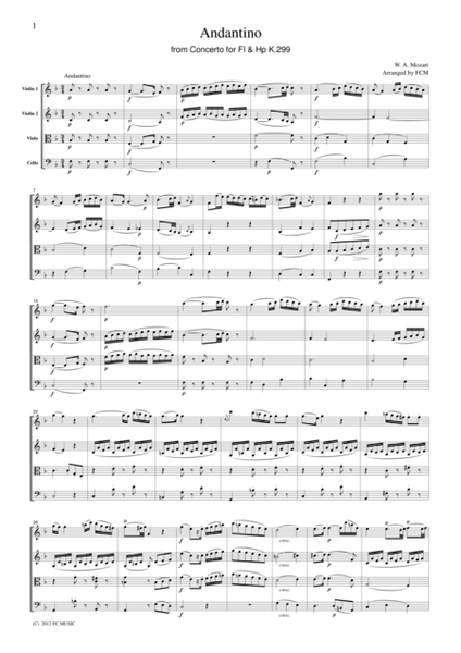 Mozart Andantino from Concrto for Fl & Hp K.299, for string quartet, CM027 image number null