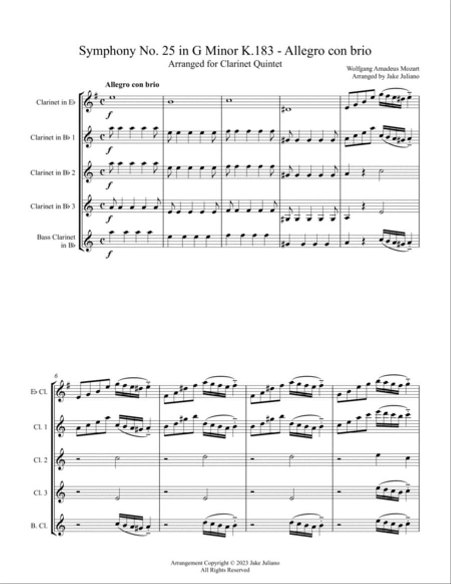 For Clarinet Quintet - Symphony No. 25 in G Minor K.183 - Allegro con brio Clarinet Quintet scores gallery preview page 2