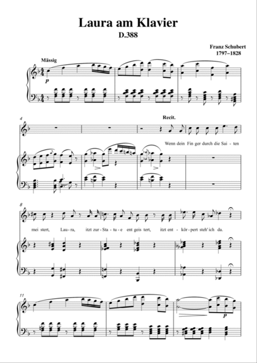 Schubert-Laura am Klavier(Laura at the Piano),D.388 in F for Vocal and Pno Voice scores gallery preview page 2