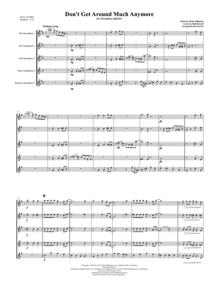 Don't Get Around Much Anymore Saxophone Quintet scores gallery preview page 2