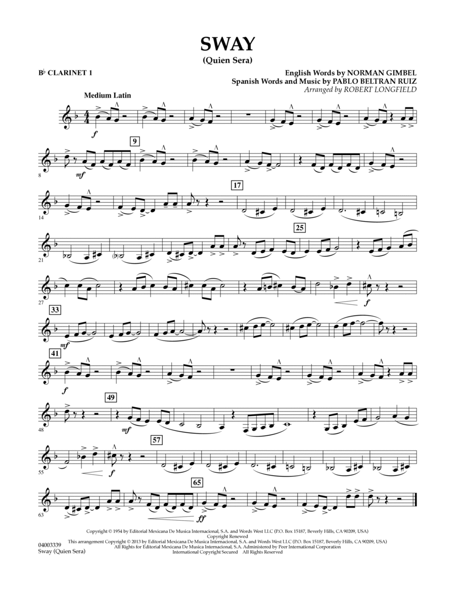 Sway (quien Sera) Dl - Bb Clarinet 1 Concert Band scores gallery preview page 1