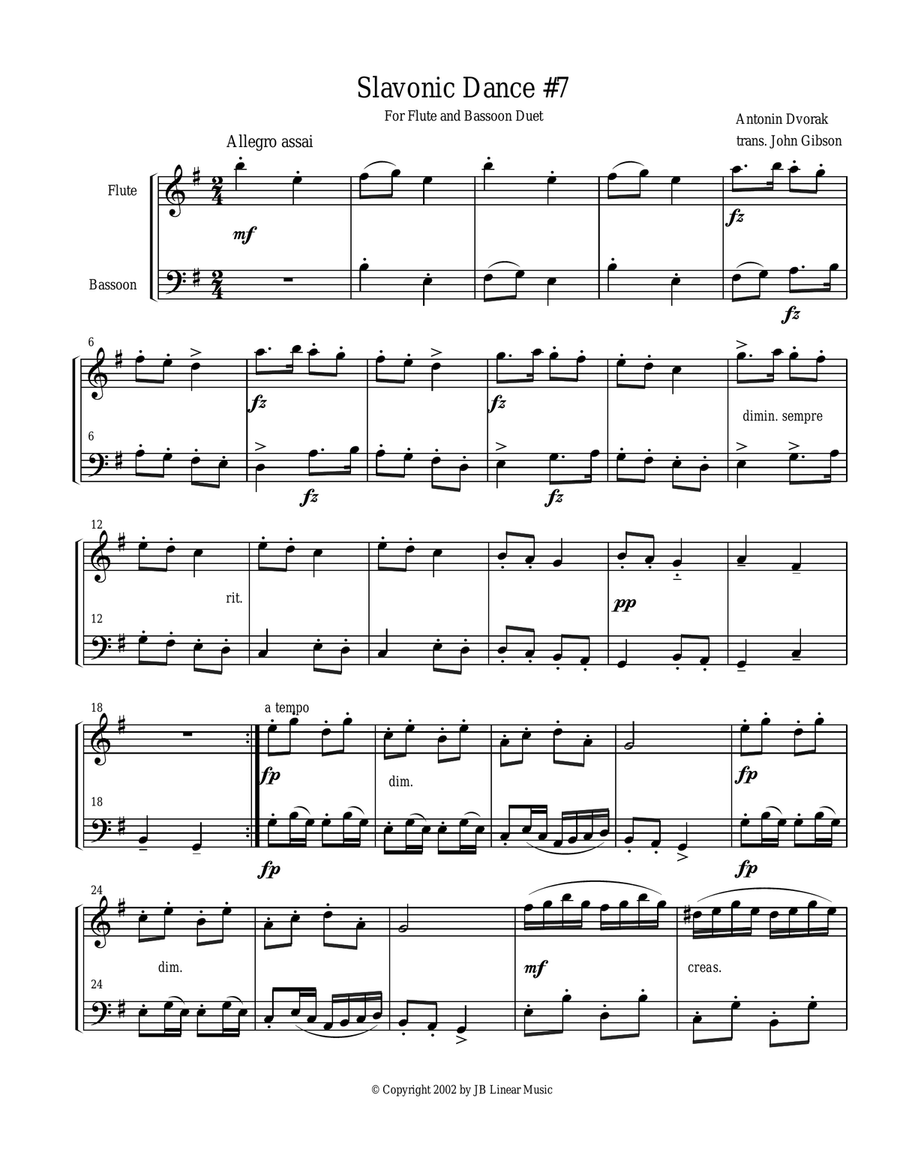 Dvorak Slavonic Dance #7 for flute and bassoon duet Woodwind Duet scores gallery preview page 1