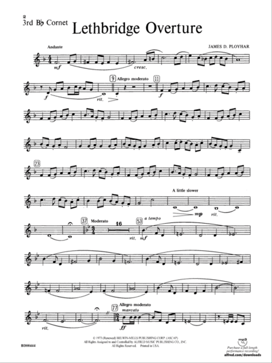 Lethbridge Overture: 3rd B-flat Cornet Concert Band scores gallery preview page 1