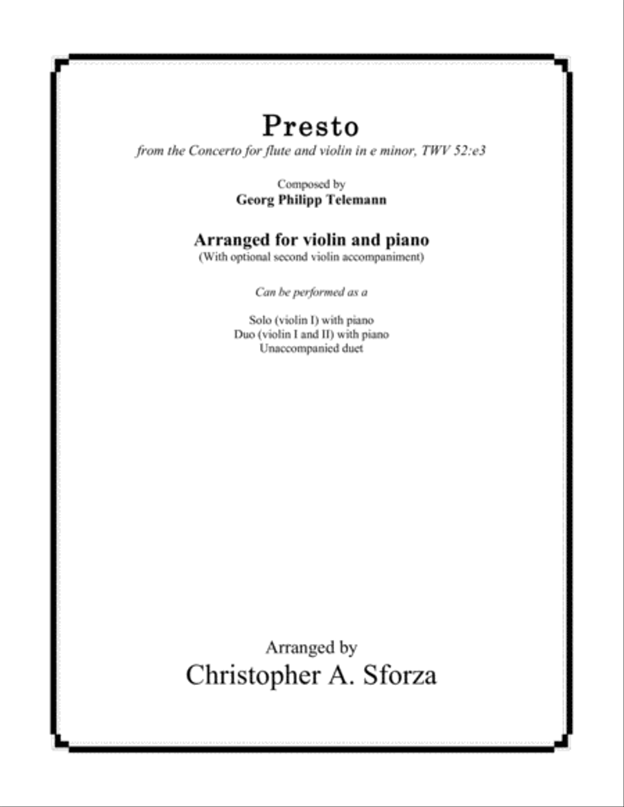 Presto, violin solo after Telemann String Duet scores gallery preview page 1