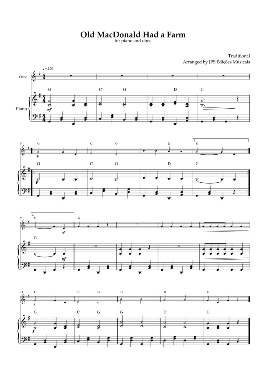Old MacDonald Had A Farm for piano and oboe Piano scores gallery preview page 1