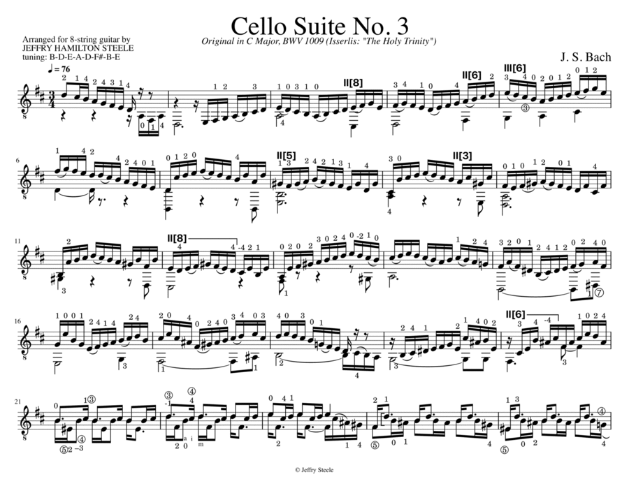 Cello Suite No. 3, BWV 1009, arranged for 8-string guitar Classical Guitar scores gallery preview page 1