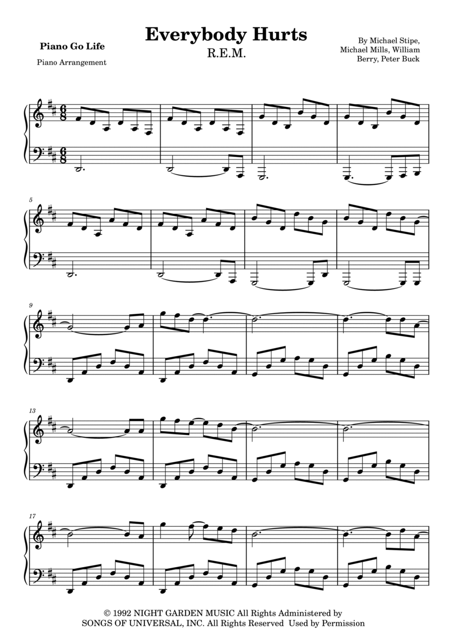 Everybody Hurts Piano Solo scores gallery preview page 1