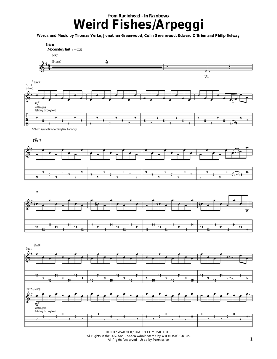 Weird Fishes/Arpeggi Acoustic Guitar scores gallery preview page 1