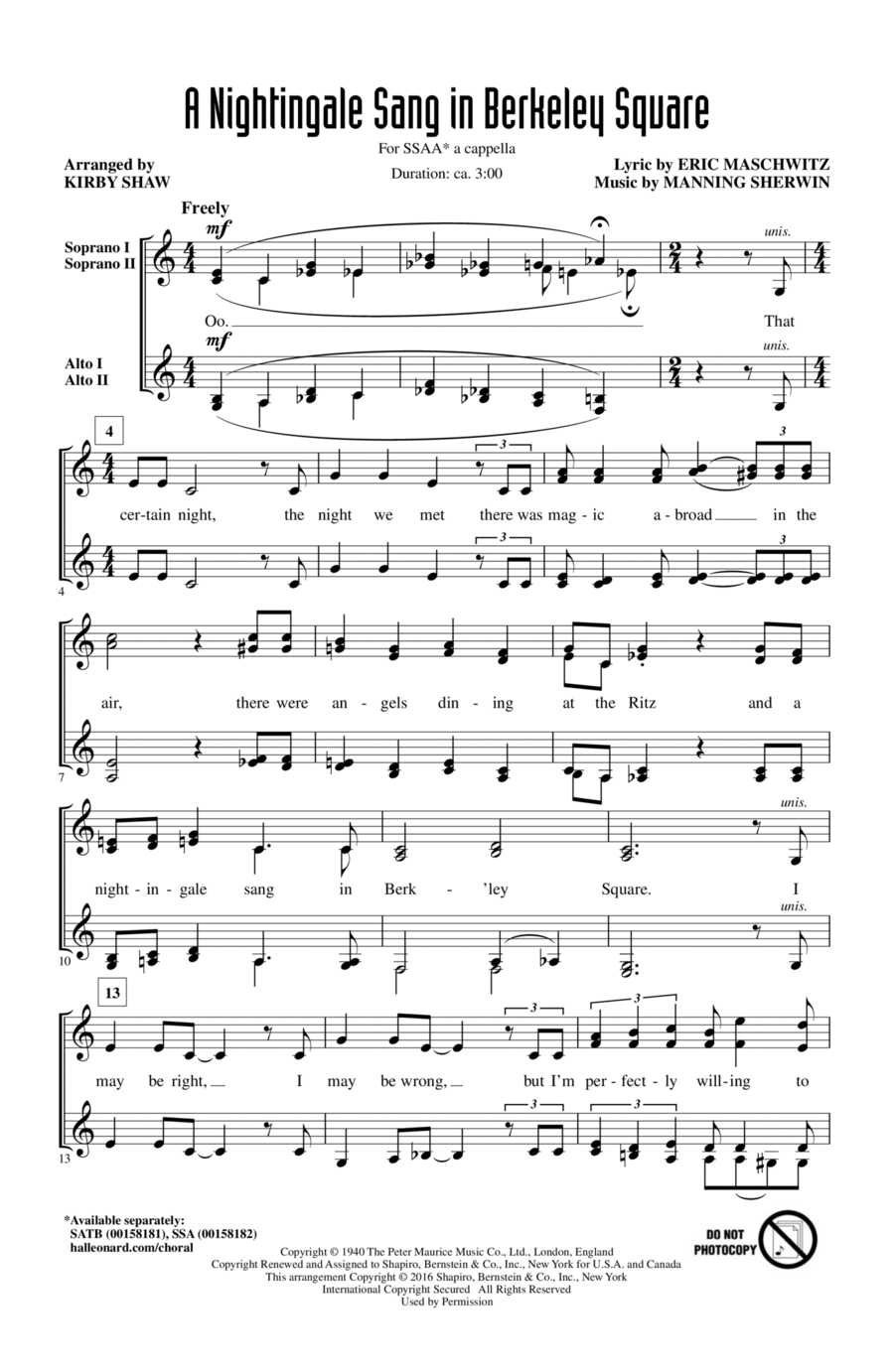 A Nightingale Sang In Berkeley Square SSAA scores gallery preview page 1
