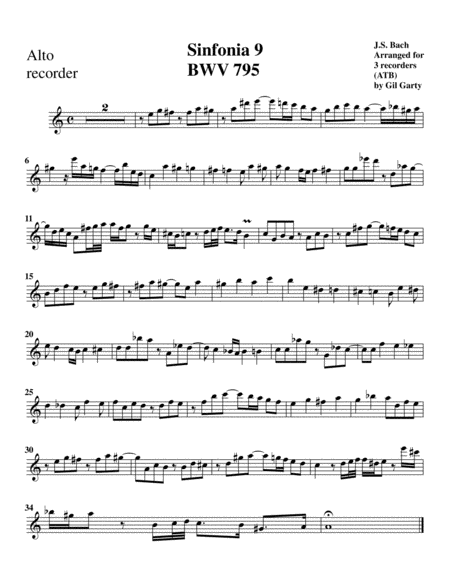 Sinfonia (Three part invention) no.9, BWV 795 (arrangement for 3 recorders)