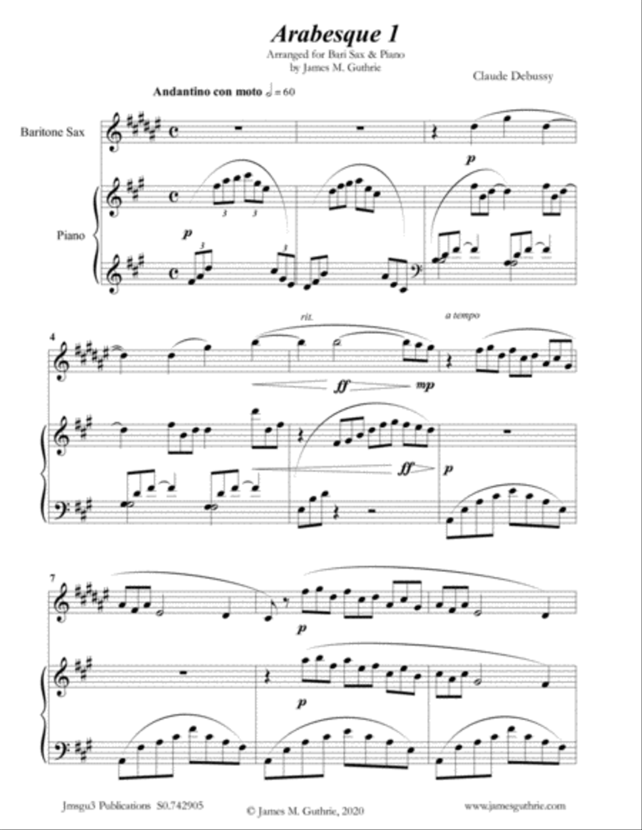 Debussy: Two Arabesques for Baritone Sax & Piano Baritone Saxophone scores gallery preview page 1